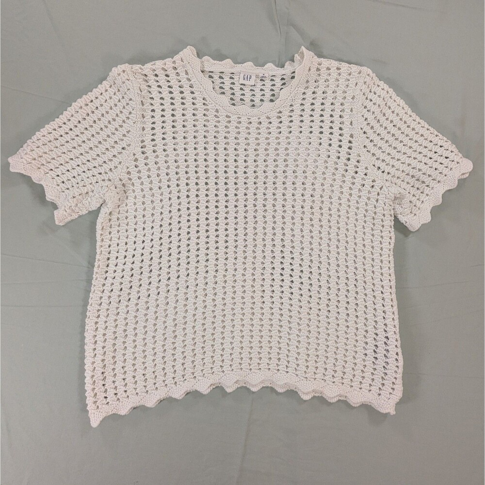 Gap 100% Cotton Crochet Knit Pullover Sweater White Scalloped Hem Women's Medium